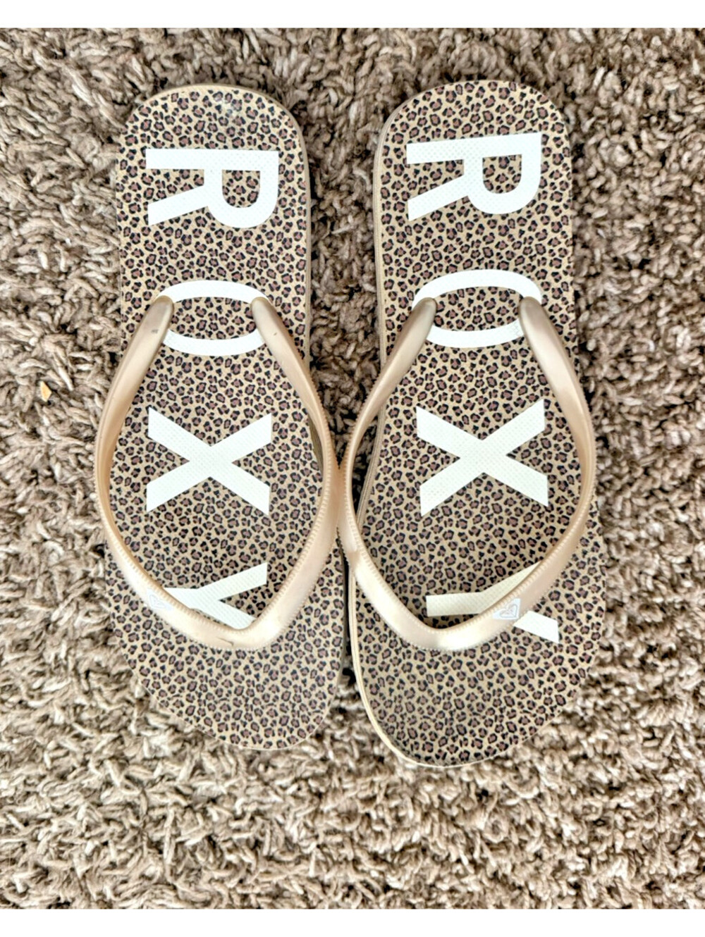 Roxy Womens Leopard Print Flip Flops Metallic Gold Thong Straps Sandals 8